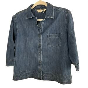 J. Jill Denim Top Shirt Jacket Accented with Beaded Hemline 3/4 Sleeves Size M